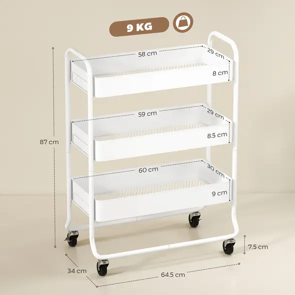 HOMCOM 3-Tier Storage Trolley on Wheels, Rolling Utility Cart with Mesh Backets for Kitchen, Bathroom, Bedroom, White - 3