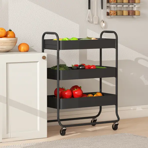 HOMCOM 3-Tier Storage Trolley on Wheels, Rolling Utility Cart with Mesh Backets for Kitchen, Bathroom, Bedroom, Black - 7