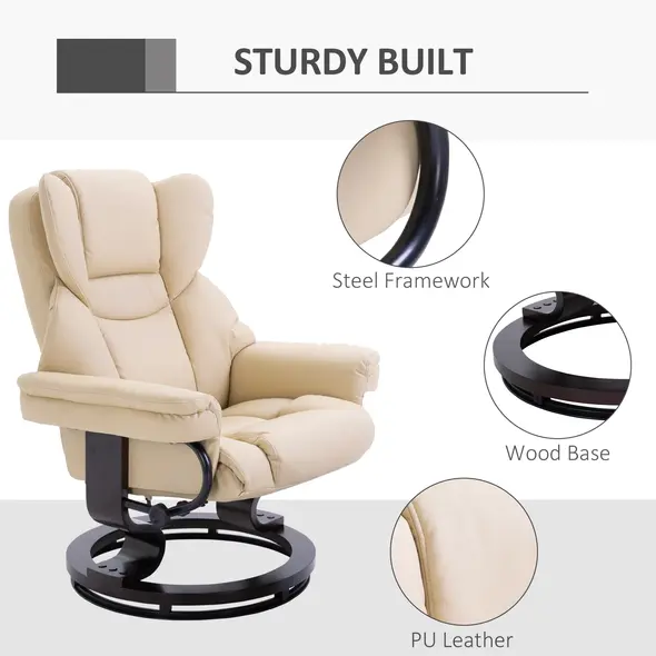 HOMCOM 360° Swivel Recliner Chair with Footstool, PU Leather Manual Recliner Armchair with Footstool, Solid Wood Base, Upholstered Reclining Chair for Living Room, Bedroom, Office, Cream - 5