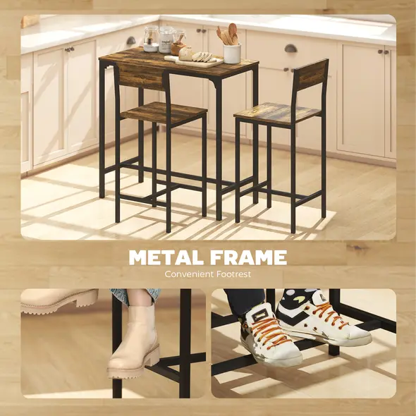 HOMCOM 3-Piece Bar Table Set with 2 Stools, Industrial Breakfast Bar Set with Footrest, Backrest for Dining Room, Small Space - 4