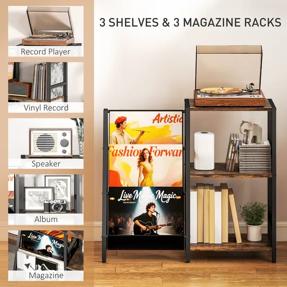HOMCOM 3-Tier Record Player Stand, End Table for Living Room, Bedroom - Rustic Brown - 4