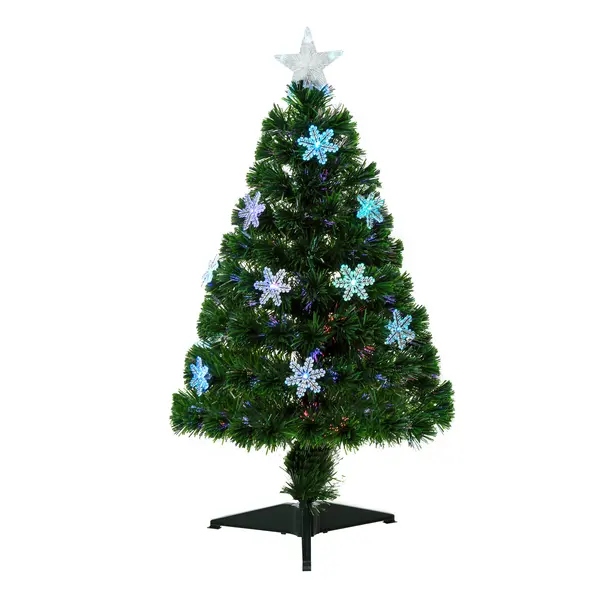HOMCOM 3FT Green Fibre Optic Artificial Christmas Tree Xmas Colourful LED Scattered Tree with Snowflakes Ornaments Fireproofing - 1