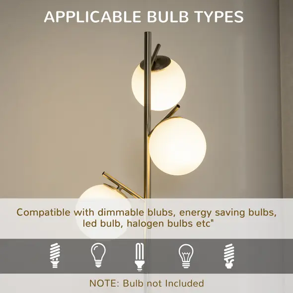 HOMCOM 3-Light Tree Floor Lamps for Living Room, Modern Standing Lamp for Bedroom with Globe Lampshade, Steel Base, Bulb not Included, Silver Tone - 6