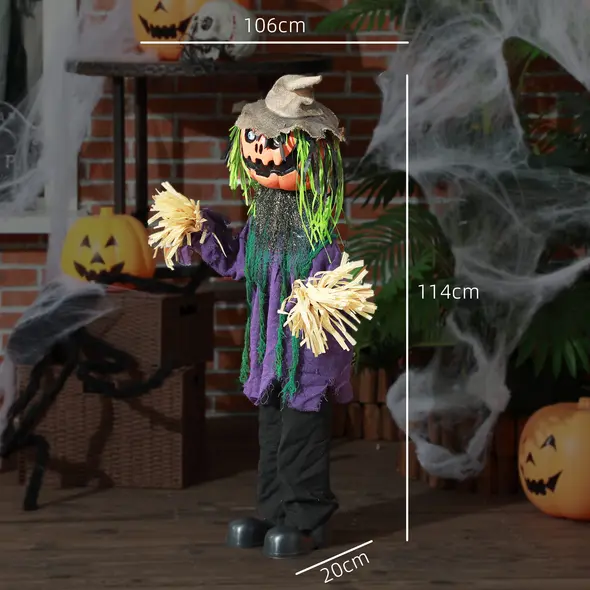 HOMCOM 3'6" Pumpkin Scarecrow Halloween Animatronic, with Glowing Eyes - 3