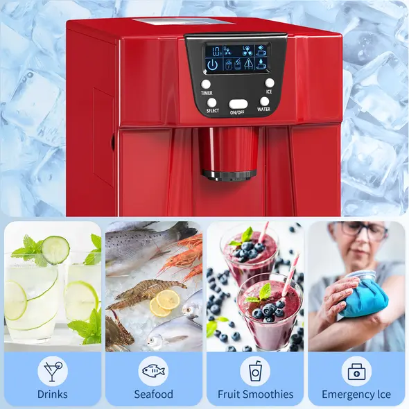 HOMCOM 3L Ice Maker Machine and Water Dispenser, 12kg in 24H, 2 Sizes 9 Ice Cubes Ready in 6-10 Mins Ice Machine, Red - 7