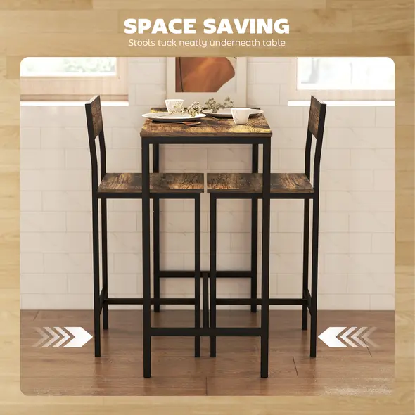 HOMCOM 3-Piece Bar Table Set with 2 Stools, Industrial Breakfast Bar Set with Footrest, Backrest for Dining Room, Small Space - 5