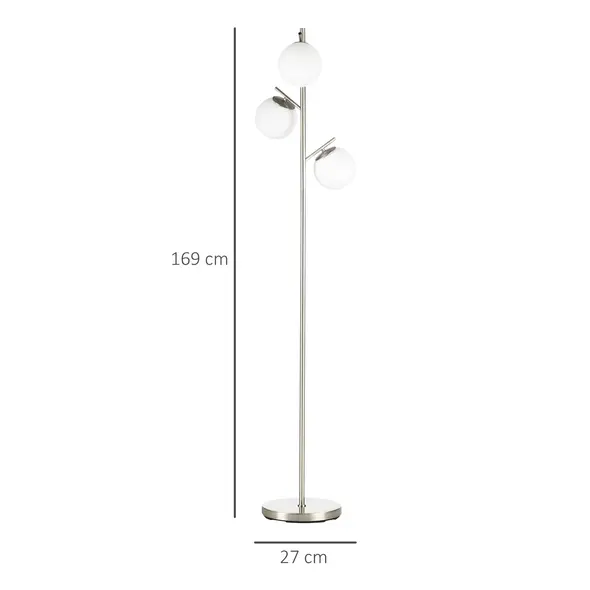 HOMCOM 3-Light Tree Floor Lamps for Living Room, Modern Standing Lamp for Bedroom with Globe Lampshade, Steel Base, Bulb not Included, Silver Tone - 3
