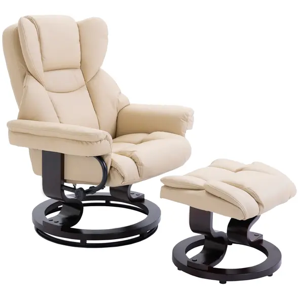 HOMCOM 360° Swivel Recliner Chair with Footstool, PU Leather Manual Recliner Armchair with Footstool, Solid Wood Base, Upholstered Reclining Chair for Living Room, Bedroom, Office, Cream - 1
