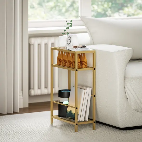 HOMCOM 3-Tier Side Table, Narrow End Table with Storage Shelf and Tempered Glass Tabletop for Small Spaces, Bedroom, Living Room, Entryway, Gold Tone - 8