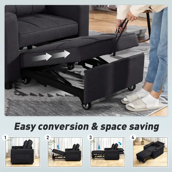 HOMCOM 3-in-1 Single Sofa Bed, Convertible Sleeper Chair Bed - Black - 4