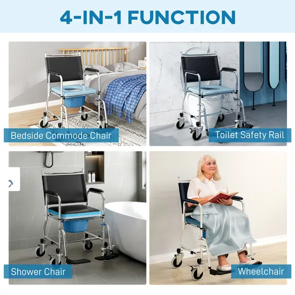 HOMCOM 3-In-1 Commode Wheelchair - Black - 4