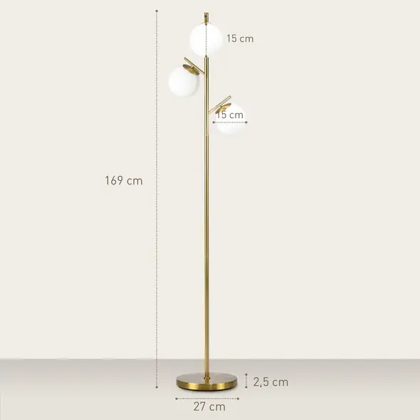 HOMCOM 3-Light Tree Floor Lamps for Living Room, Modern Standing Lamp for Bedroom with Globe Lampshade, 3000K/4000K/6000K Colour Temperatures, Steel Base, Gold Tone - 3