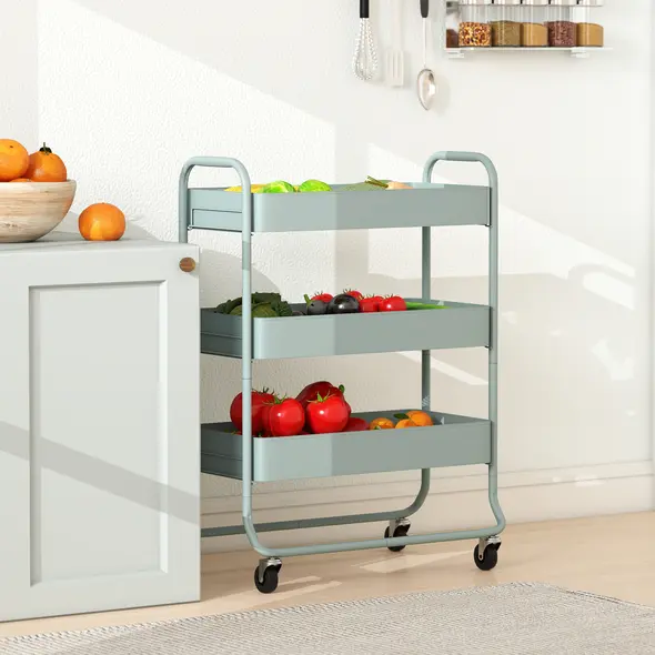 HOMCOM 3-Tier Storage Trolley on Wheels, Rolling Utility Cart with Mesh Backets for Kitchen, Bathroom, Bedroom, Light Green - 7