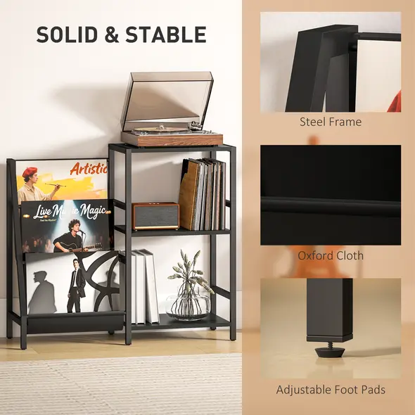 HOMCOM 3-Tier Record Player Stand, End Table for Living Room, Bedroom - Black Wood Effect - 6