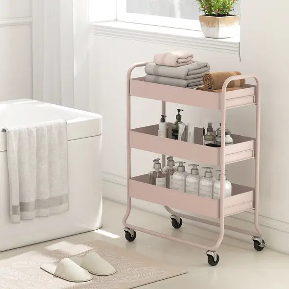HOMCOM 3-Tier Storage Trolley on Wheels, Rolling Utility Cart with Mesh Backets for Kitchen, Bathroom, Bedroom, Light Pink - 9
