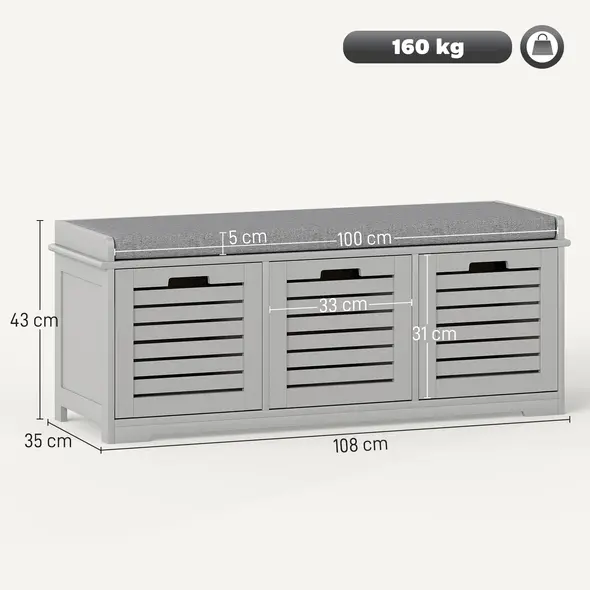 HOMCOM 3-Drawer Shoe Storage Bench - Grey - 3