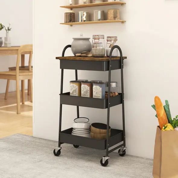 HOMCOM 3-Tier Kitchen Storage Trolley with on Wheels Cover Top Board - Rustic Brown and Black - 2