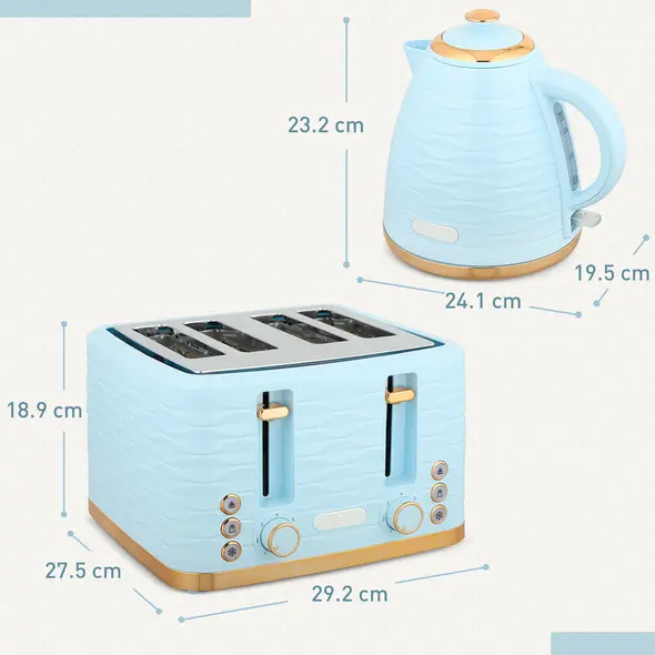 HOMCOM 3000W 1.7L Kettle & 4 Slice Toaster, Kettle and Toaster Set with 7 Browning Controls and Crumb Tray, Light Blue - 3