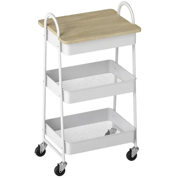 HOMCOM 3-Tier Kitchen Storage Trolley with on Wheels Cover Top Board - White and Oak - 1