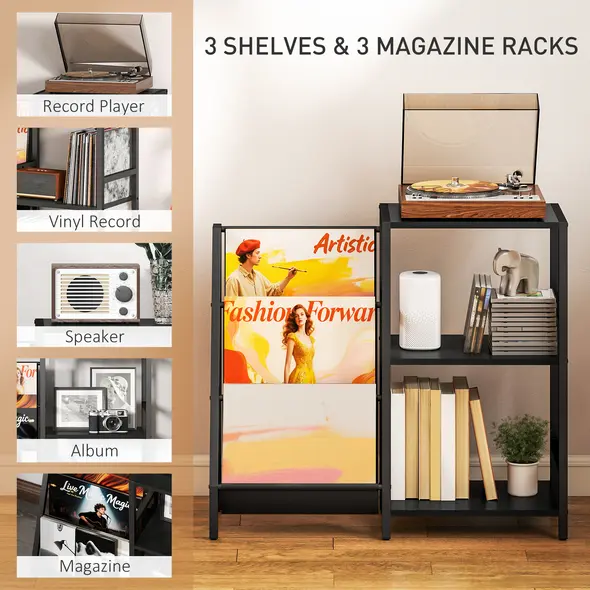 HOMCOM 3-Tier Record Player Stand, End Table for Living Room, Bedroom - Black Wood Effect - 4