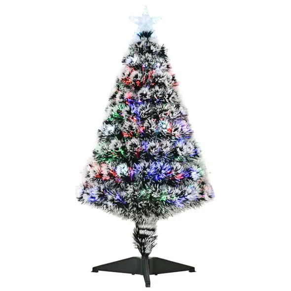 HOMCOM 3ft Artificial Prelit Christmas Tree, Snow Xmas Tree with Colourful LED Lighting Fiber Optics, Green White - 1