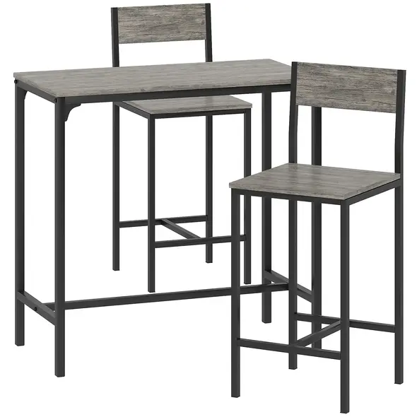 HOMCOM 3-Piece Bar Table Set with 2 Stools, Industrial Breakfast Bar Set with Footrest, Backrest for Dining Room, Small Space - 1