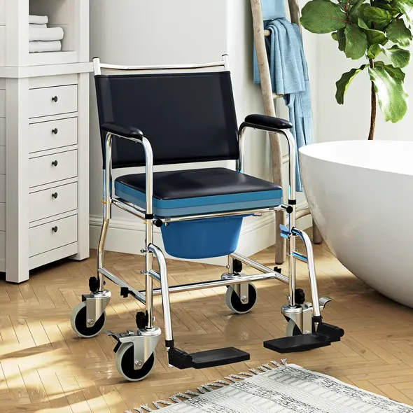 HOMCOM 3-In-1 Commode Wheelchair - Black - 2