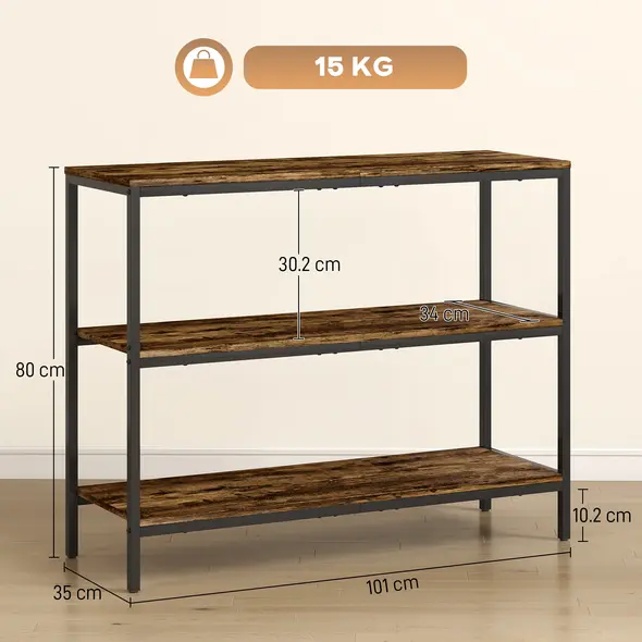 HOMCOM 3-Tier Console Table with Storage Shelves - Rustic Brown - 3