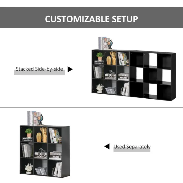 HOMCOM 3-tier 9 Cubes Storage Unit Particle Board Cupboard Bookcase Organiser Home Office Shelves, Black - 4