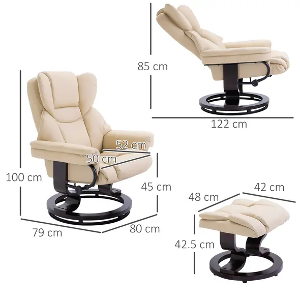 HOMCOM 360° Swivel Recliner Chair with Footstool, PU Leather Manual Recliner Armchair with Footstool, Solid Wood Base, Upholstered Reclining Chair for Living Room, Bedroom, Office, Cream - 3
