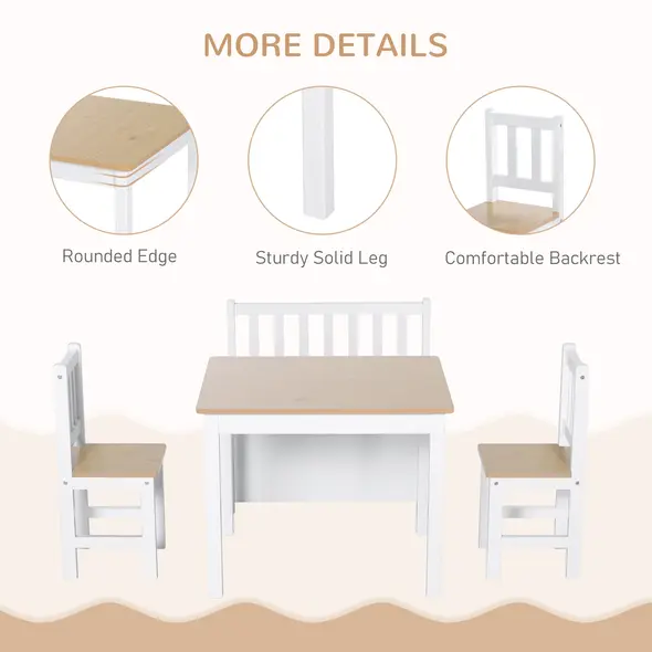 HOMCOM 4-Piece Kids Table and Chair Set with 2 Wooden Chairs, 1 Storage Bench, and Interesting Modern Design, Beige/White - 5
