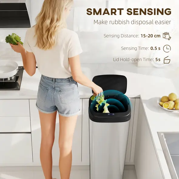 HOMCOM 50L Stainless Steel Sensor Bin - Silver Tone - 4