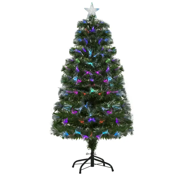 HOMCOM 4FT Multicoloured Artificial Christmas Tree w/ Fibre Optic Lights Pre-Lit Modes Metal Stand Star Holder Home Seasonal Decoration - 1