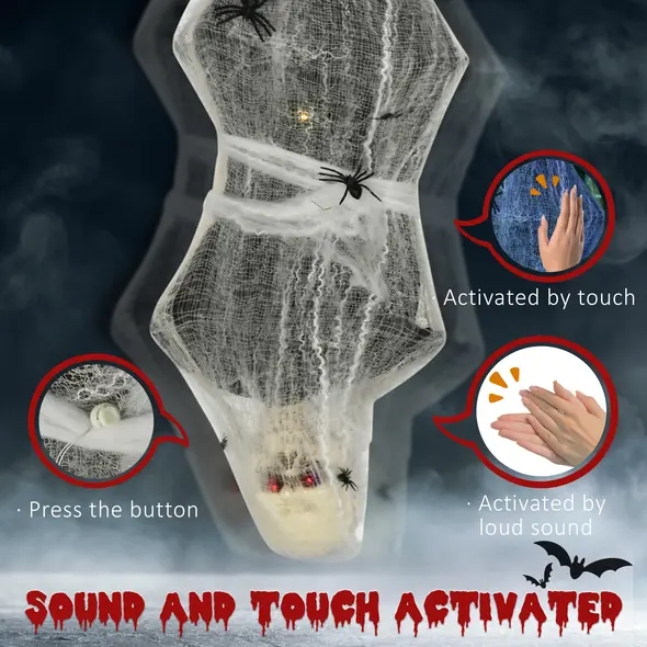 HOMCOM 4.7ft Life Size Outdoor Halloween Decoration Hanging Mummy with Spider Web, Animated Prop Decor with Sound and Motion Activated, Light Up Eyes, Howling Sound, Posable Arms, Moving Body - 6