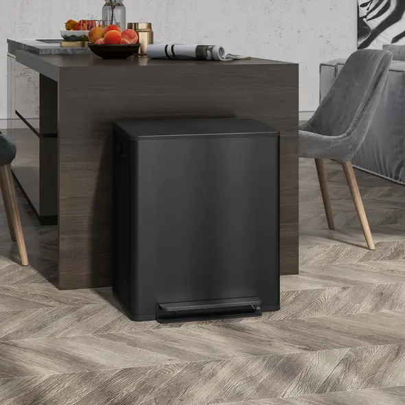 HOMCOM 50L Dual Compartment Stainless Steel Bin, with Deodoriser Holders - Black - 2