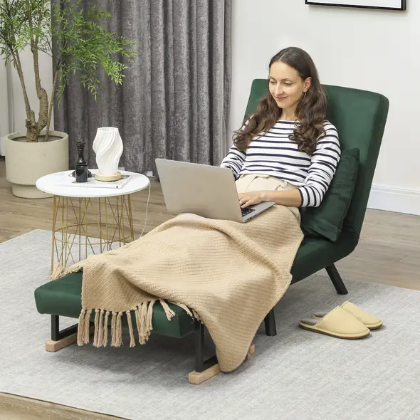 HOMCOM 4-in-1 Velvet-Feel Single Chair Bed, with Pillow - Green - 7