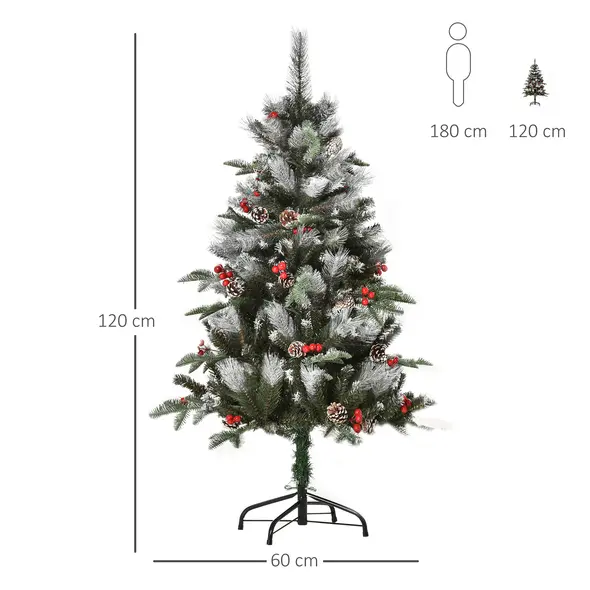 HOMCOM 4FT Artificial Snow Dipped Christmas Tree Xmas Pencil Tree Holiday Home Party Decoration with Foldable Feet Red Berries White Pinecones, Green - 3