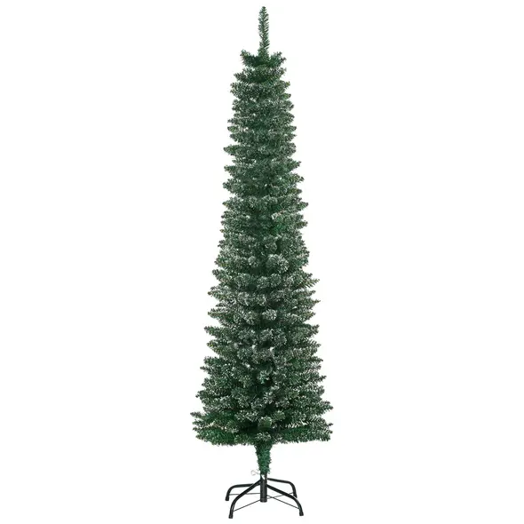 HOMCOM 5.5FT Artificial Snow Dipped Christmas Tree Xmas Pencil Tree Holiday Home Indoor Decoration with Foldable Black Stand, Green - 1