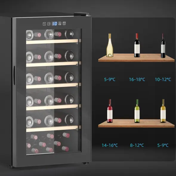 HOMCOM 41 Bottle Wine Fridge, 91 Litre Capacity, 45cm Freestanding Wine Cooler Fridge with Glass Door, LED Light, Digital Touch Screen, Temperature Control, Black - 9