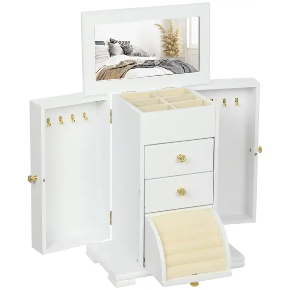 HOMCOM 4-Tier Jewellery Box with Mirror and 2 Drawers - White - 1