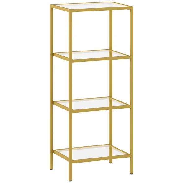 HOMCOM 4-Tier Shelving Unit, Glass Shelf, Vertical Storage Shelf for Living Room, Home Office, Bedroom, Bathroom, Gold Tone - 1