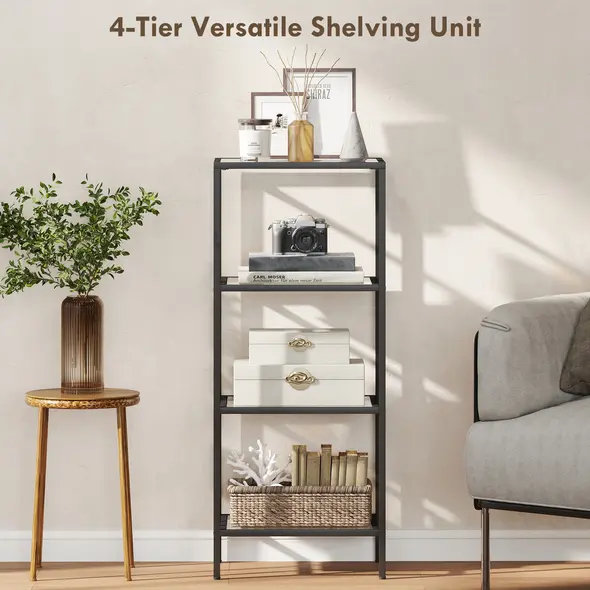 HOMCOM 4-Tier Shelving Unit, Glass Shelf, Vertical Storage Shelf for Living Room, Home Office, Bedroom, Bathroom, Black - 4