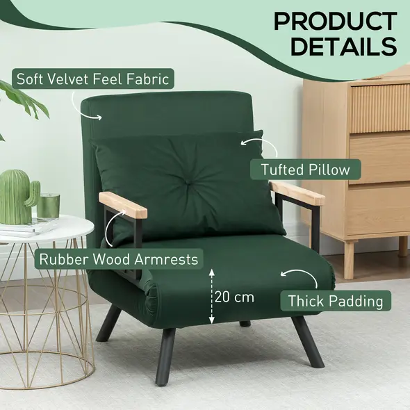 HOMCOM 4-in-1 Velvet-Feel Single Chair Bed, with Pillow - Green - 6