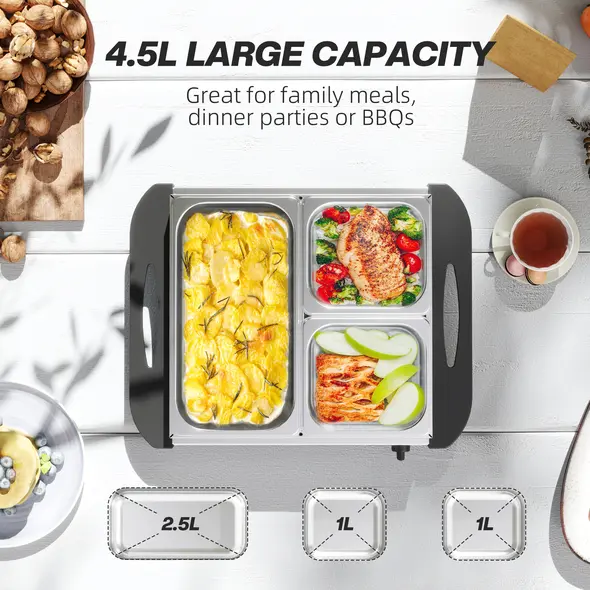 HOMCOM 4.5L Stainless Steel Electric Buffet Server, with 3x Trays and Lids, Set of 2 - 4