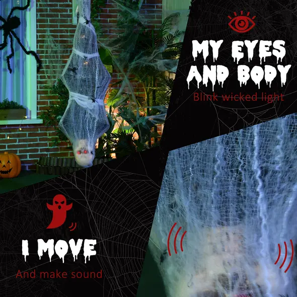 HOMCOM 4.7ft Life Size Outdoor Halloween Decoration Hanging Mummy with Spider Web, Animated Prop Decor with Sound and Motion Activated, Light Up Eyes, Howling Sound, Posable Arms, Moving Body - 5