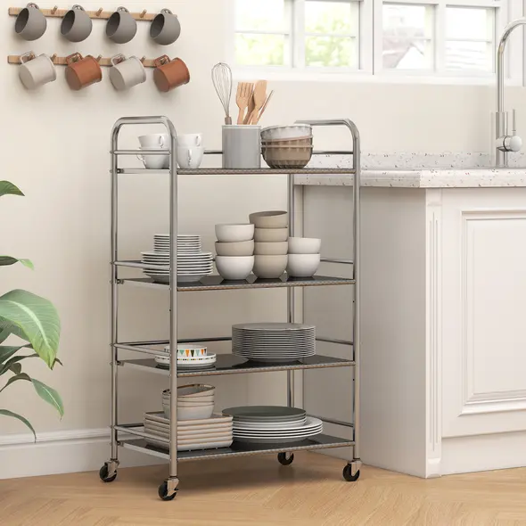 HOMCOM 4 Tier Stainless Steel Kitchen Storage Trolley with Adjustable Shelves - Silver - 8