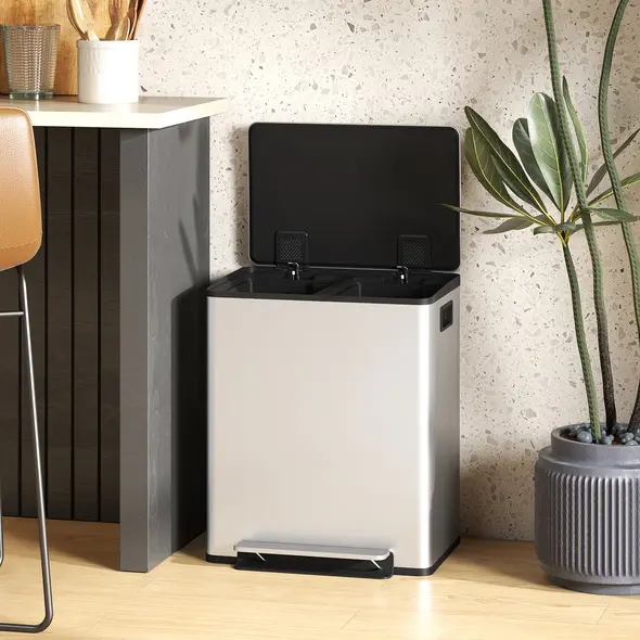 HOMCOM 50L Dual Compartment Stainless Steel Bin, with Deodoriser Holders - Silver - 8