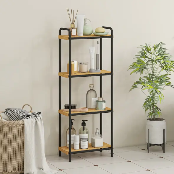 HOMCOM 4-Tier Bamboo Bathroom Storage Shelf, Freestanding Narrow Shelving Unit with Slatted Shelves for Kitchen Bathroom Living Room, 41.5 x 21.5 x 106 cm, Natural and Black - 2