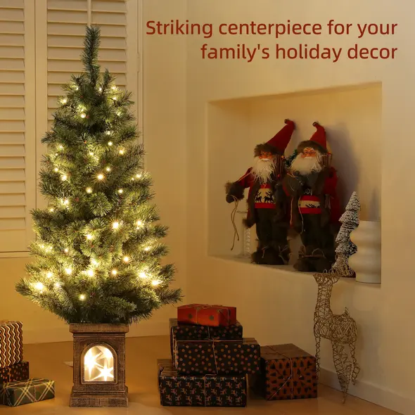 HOMCOM 4ft Artificial Christmas Tree with 80 Warm White LED Lights, 8 Modes and Remote, Realistic Xmas Tree with Square Stand for Party Decoration, Green - 4