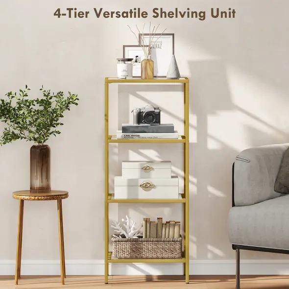 HOMCOM 4-Tier Shelving Unit, Glass Shelf, Vertical Storage Shelf for Living Room, Home Office, Bedroom, Bathroom, Gold Tone - 4